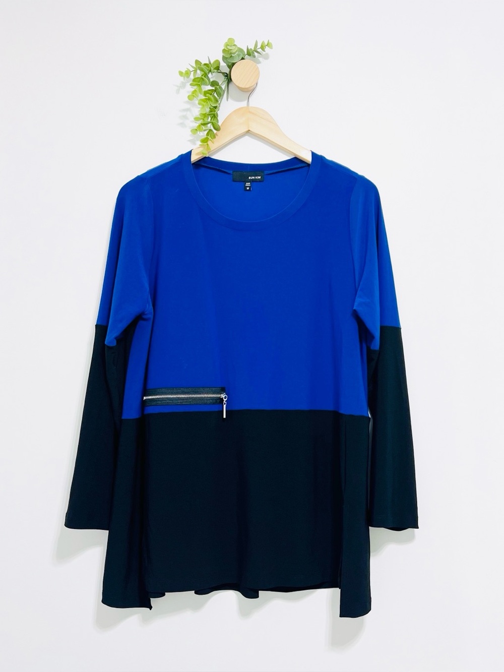 Sun Kim Colorblock Blue Black Lagenlook Blouse Zipper Pocket